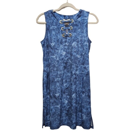 New! Michael Kors Sleeveless Tie Dyed Denim Blue Lace Up Neck Tank Mini Dress - Picture 1 of 9